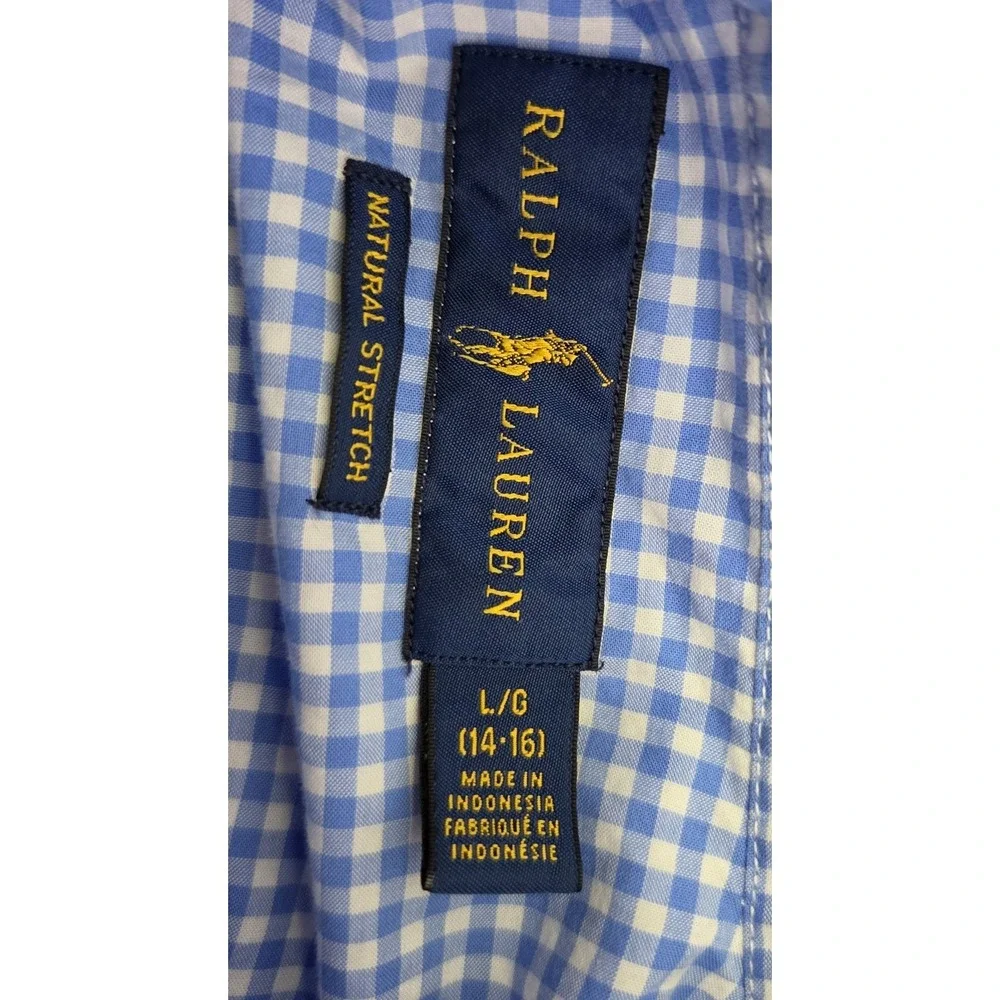 Ralph Lauren Boy Size Large 14-16 Ghingam Check Button Down Blue White Logo Pony